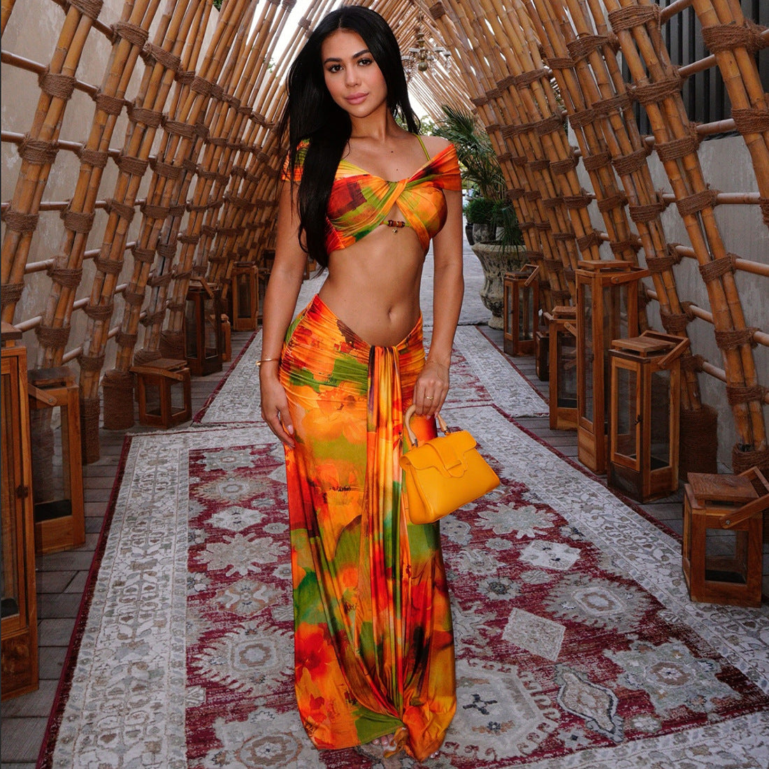 Women Spring Clothing Pattern Print Sexy Drop Shoulder Hollow Out Cutout Low Waist Cropped Skirt Set