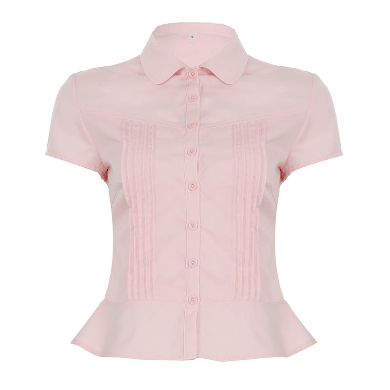 Organ Pleated Gentle Girl Waist Trimming Shirt Trend Women Wear Fresh Solid Color Short Sleeve Top