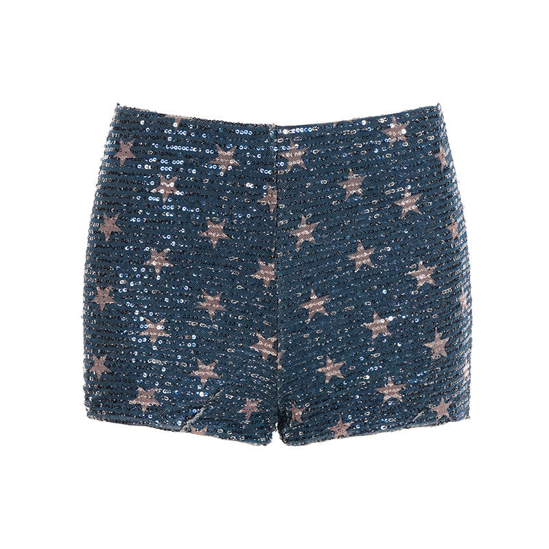 Retro Five Pointed Star Printed Sequined Slim Shorts Women Street Knitted Casual