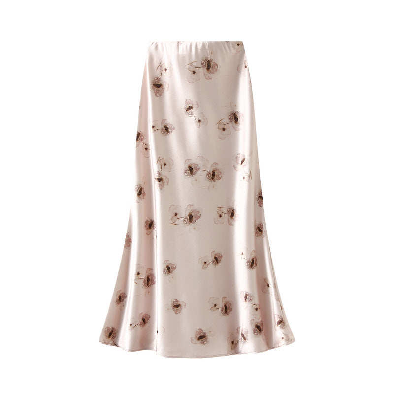 High Grade Satin Skirt Women Summer Printed Fishtail Skirt Slim Fit Mid Length Dress