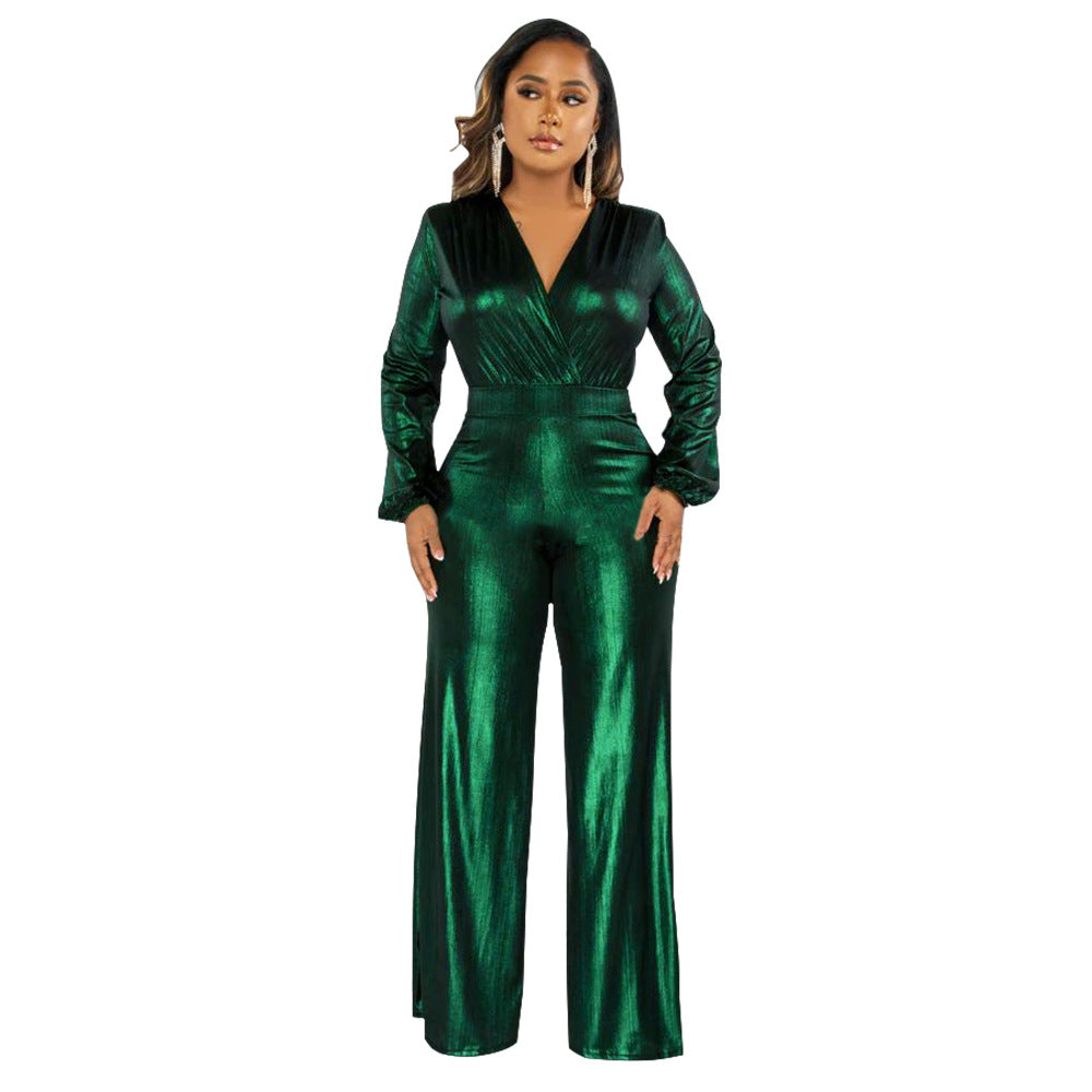 Women Clothing Autumn Sexy V Neck Lantern Sleeve Bronzing Jumpsuit
