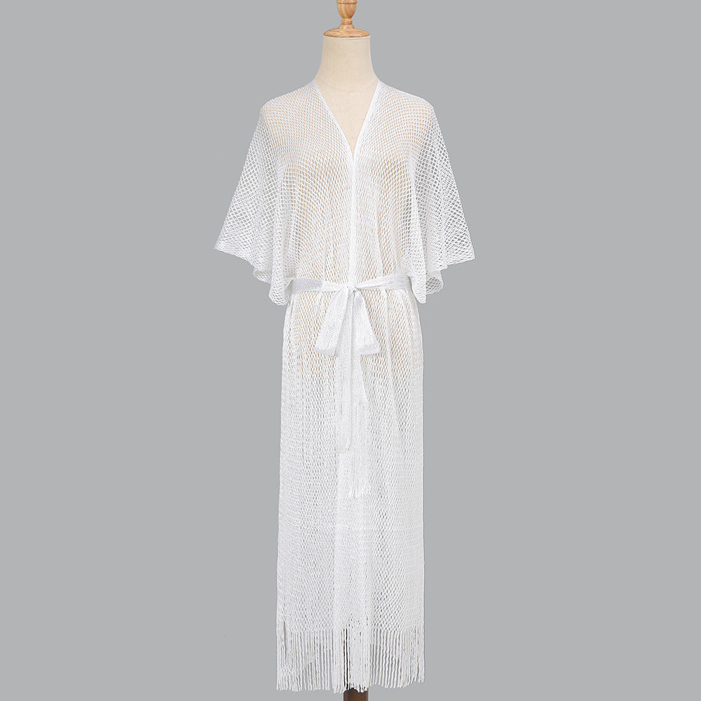 Summer Beach Sun Protection Shirt Gradient Color Lace Up Tassel Beach Cover Up Short Sleeve Knitted Long Cardigan