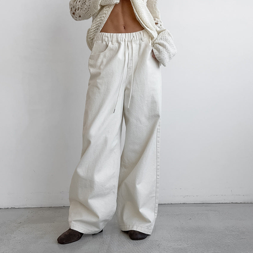 Casual Elegant White Loose Pure Cotton Tied Mid Waist Wide Leg Pants Autumn Winter Classic Trousers