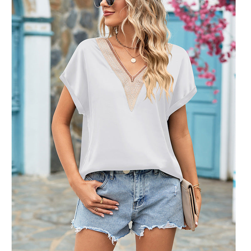 Summer Women Clothing V Neck Lace Satin Short Sleeve Shirt Batwing Sleeve Top
