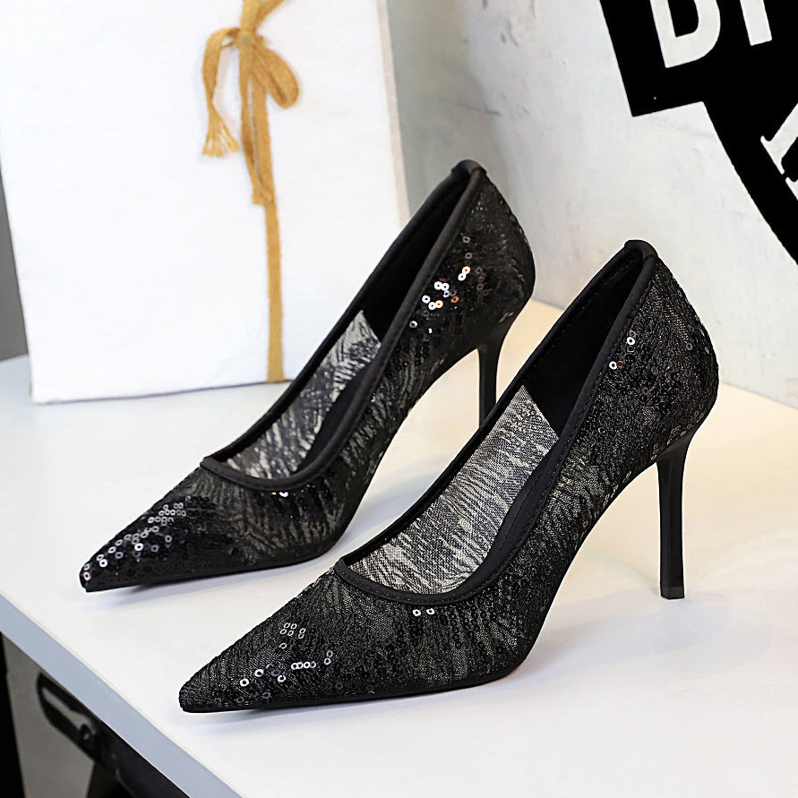 Shallow Mouth Sequin Fashionable Elegant High Heel Women Shoes Pointed Toe Slip on Lace Mesh Pumps Women