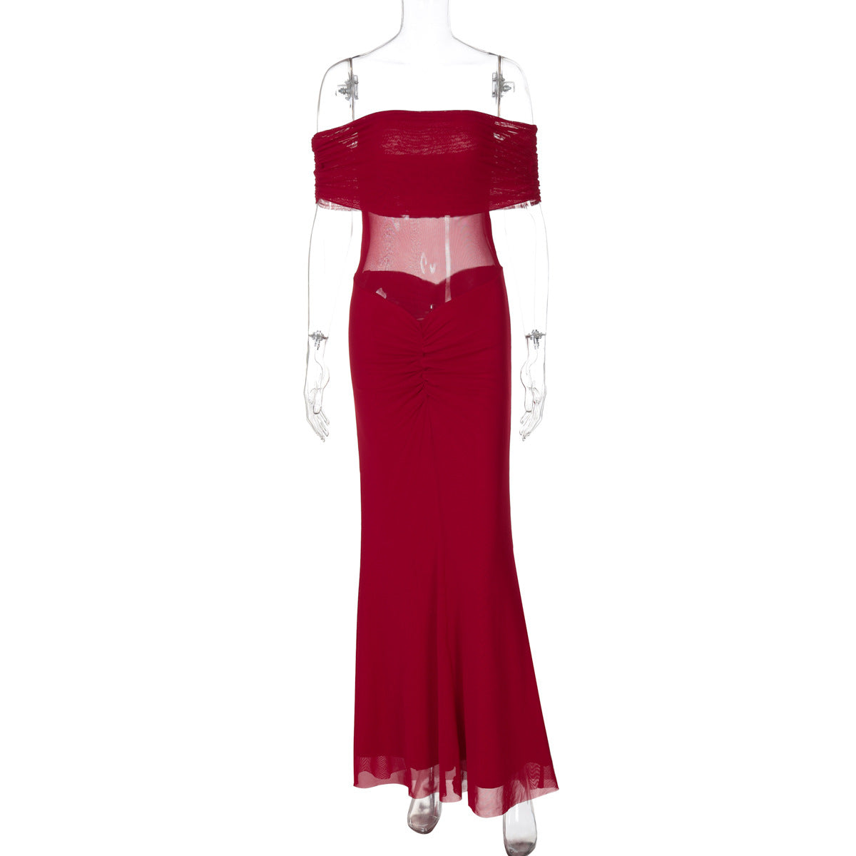 Mesh Stitching Maxi Dress Summer Sexy off Shoulder Pleated Slim Dress
