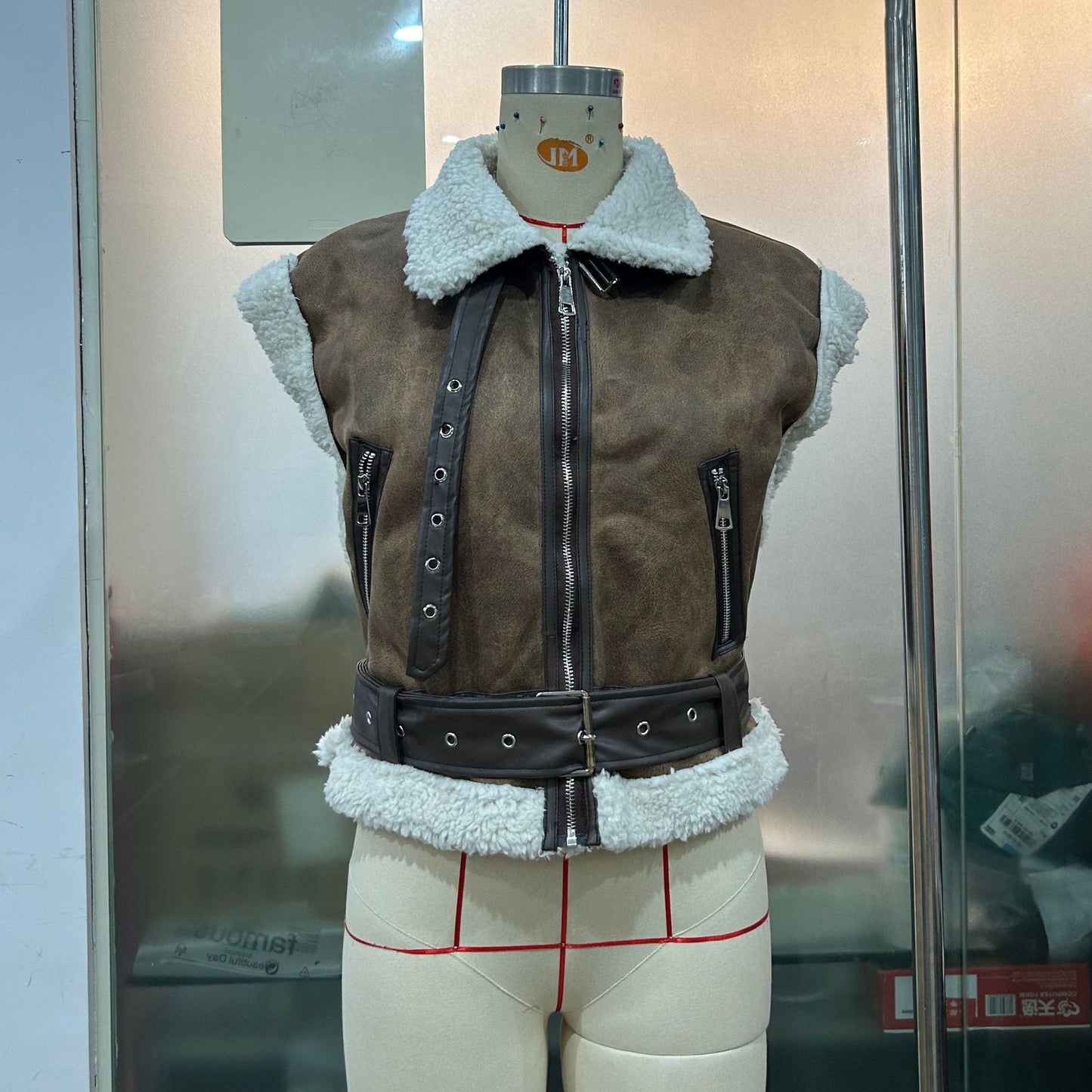 Women Clothing Motorcycle Zipper Faux Shearling Jacket Stitching Vest Vest Coat