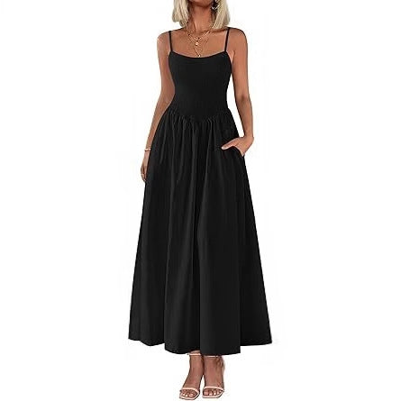 Women's Wear, Thin Shoulder Strap Pleated Vest, Suspender Pocket Dress