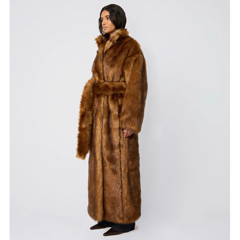 Women Winter Faux Fur Young Wolf Fur Coat Women Long below the Knee Warm Coat