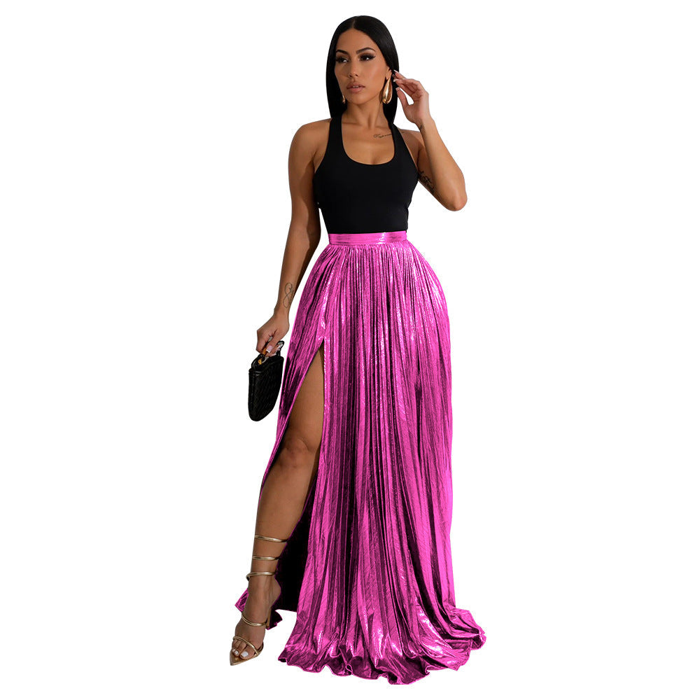 Graceful Fashionable Skirt Solid Color High Waist Pleated Split Dress Women
