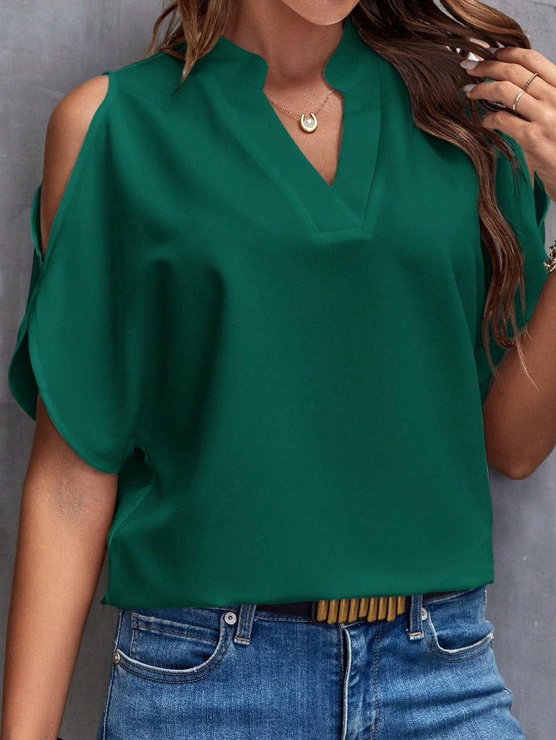 Shopping Women Clothing Summer V neck Graceful Fashionable off the Shoulder Sleeves Women Top