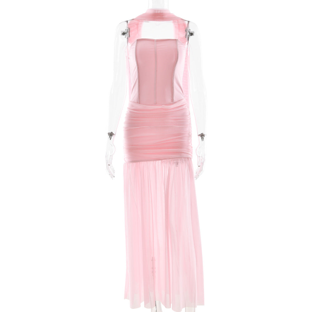 Sexy off the Shoulder Mesh Tube Top Dress Women High Waist Slim Fitting Patchwork Sheath Dress
