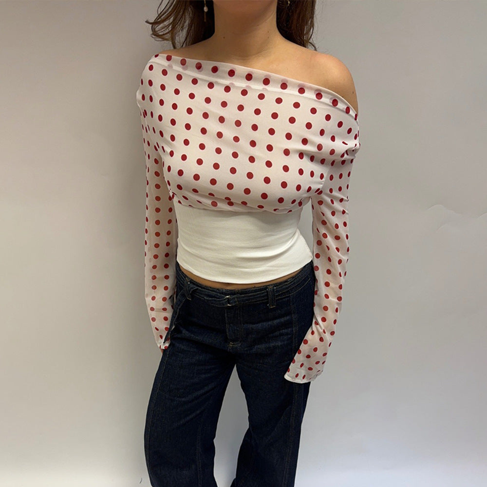 Sexy Women Polka Dot Chiffon Top Sexy Waist Trimming Lace up Backless T shirt