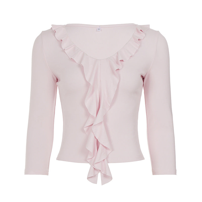 Ruffles V neck Slim Top Half Sleeve Short Bottoming Shirt Solid Color Slim Fit Basic T shirt Women Summer