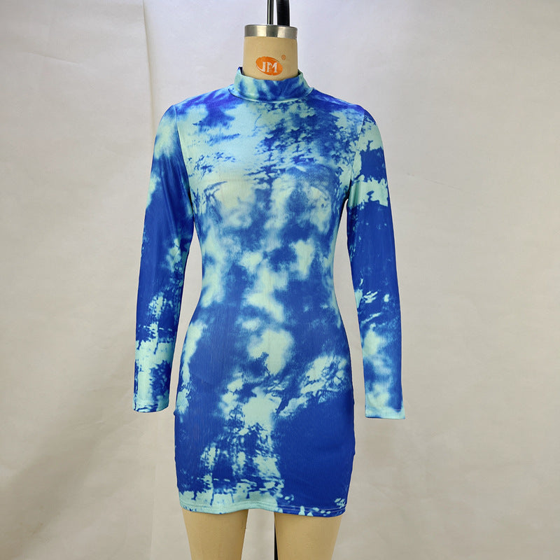Women Clothing Spring Summer Printed Stand Collar Long Sleeve Waist Slimming Sheath Dress