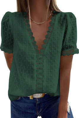 Deep V-neck Chiffon Shirt Embroidered Ruffled Short Sleeves Top Front Rear