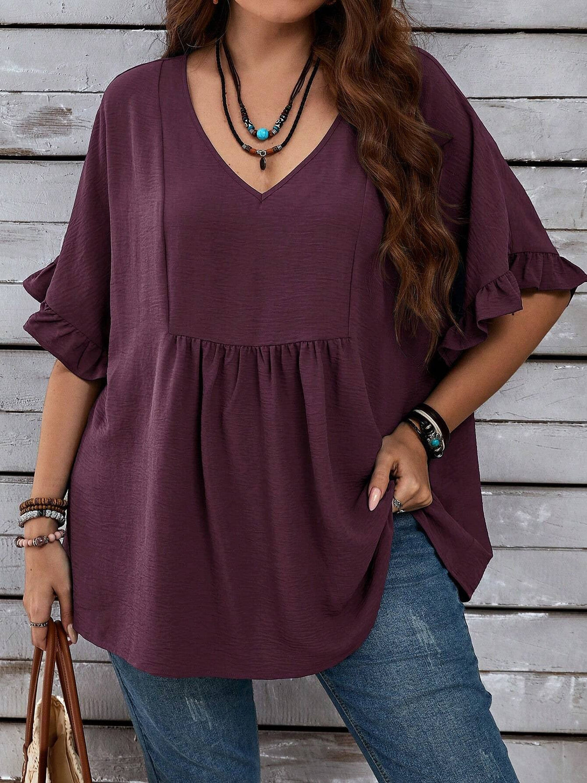 Plus Size Summer Women V neck Solid Color Loose Ruffled High Waist Half Sleeve Top