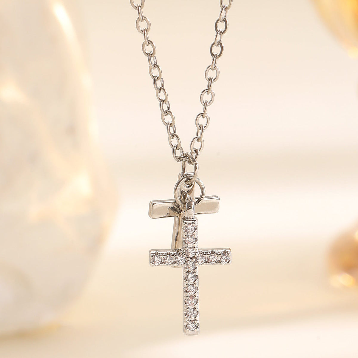 Double Cross Necklace Women Luxury Zircon Cross Pendant Clavicle Chain Daily Office Jewelry