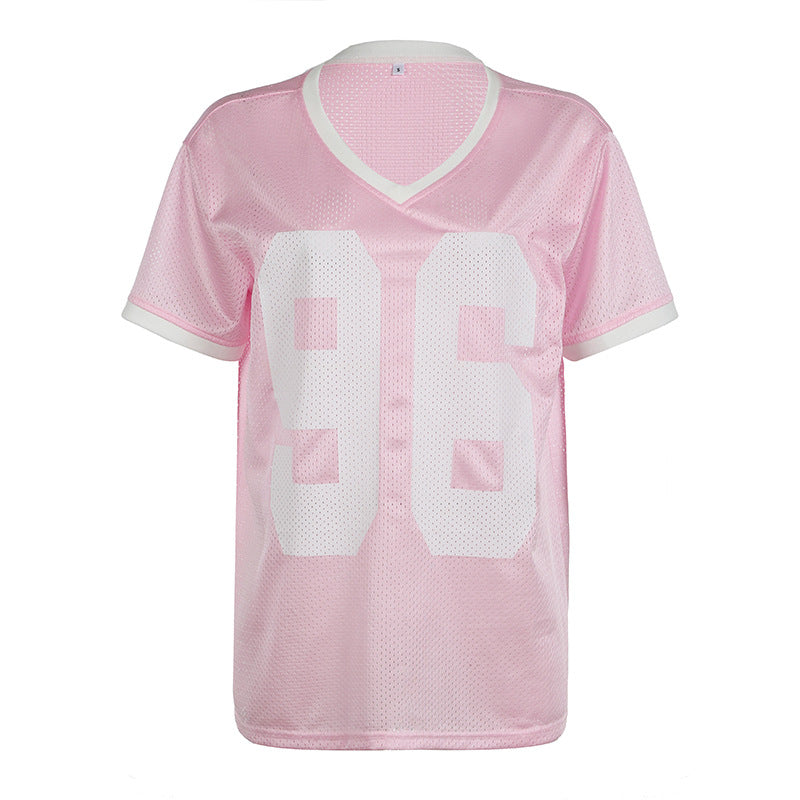 Digital Printing Contrast Color off the Shoulder Loose Casual Top Sexy Street V neck Sports Quick Drying T shirt