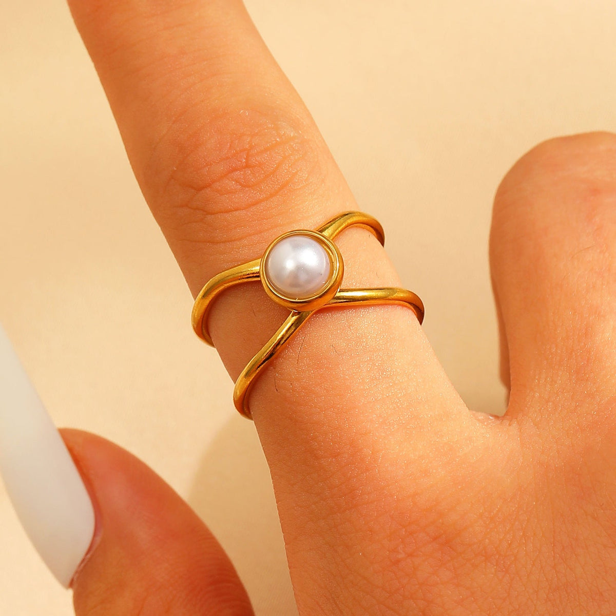 Adjustable Open Stainless Steel Pearl Ring, 18K Gold Plated Oval Baroque Ring