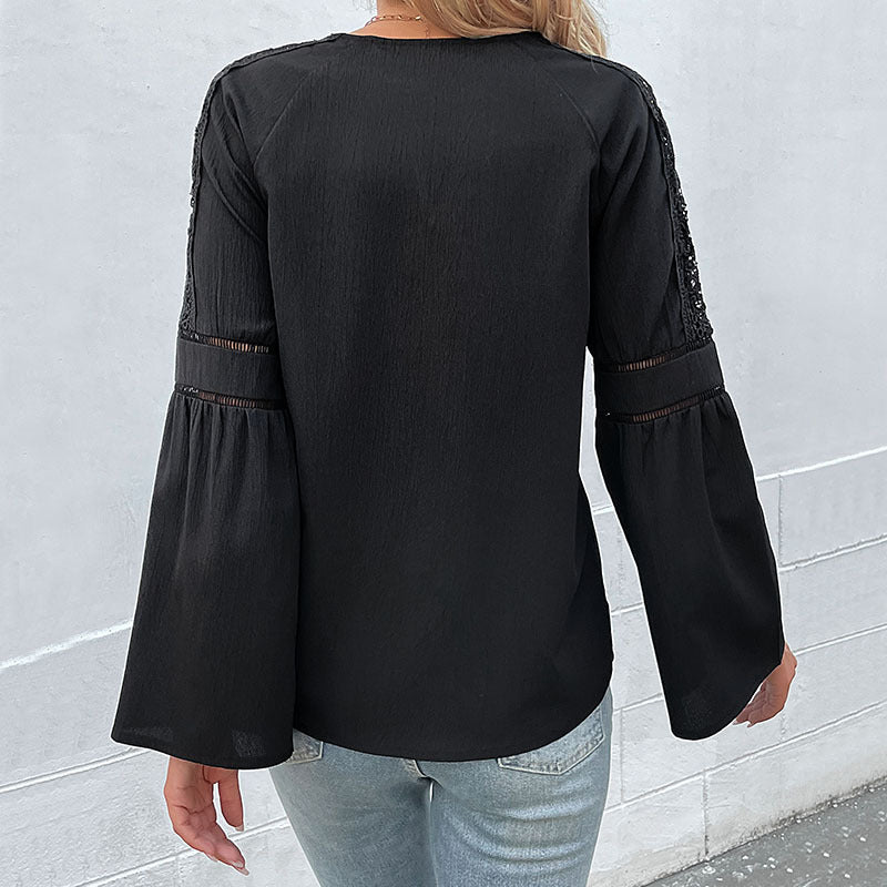Women Wear Solid Color Long Sleeve Stitching Lace Shirt