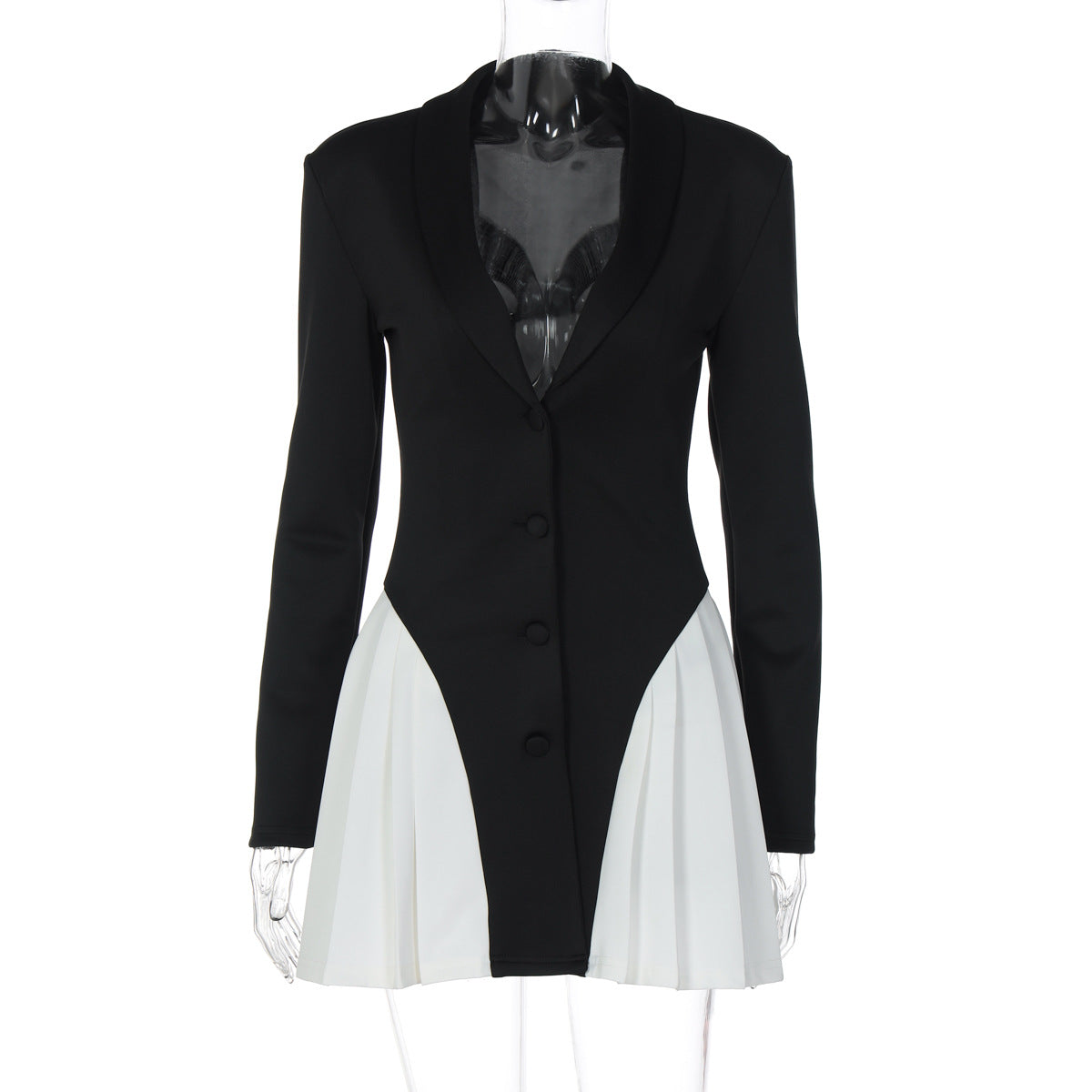Women Clothing Autumn V neck Button Contrast Color Short Slim Fit Long-Sleeved Dress for Women