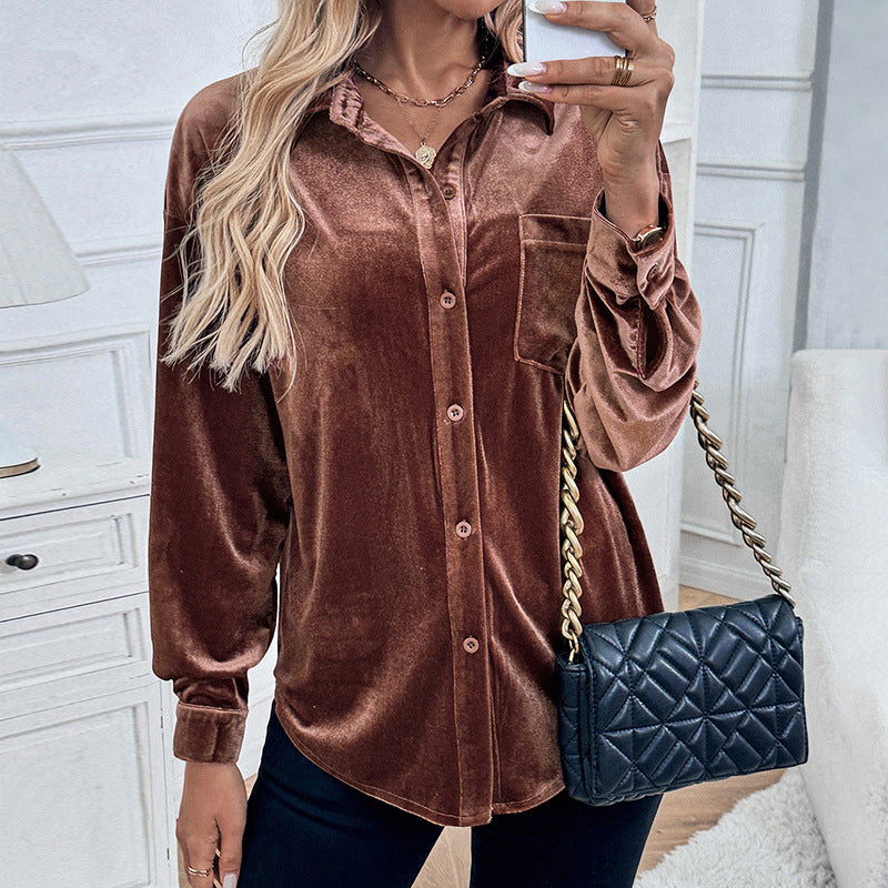 Collared Shirt Autumn Winter Long Sleeve Velvet Cardigan Top