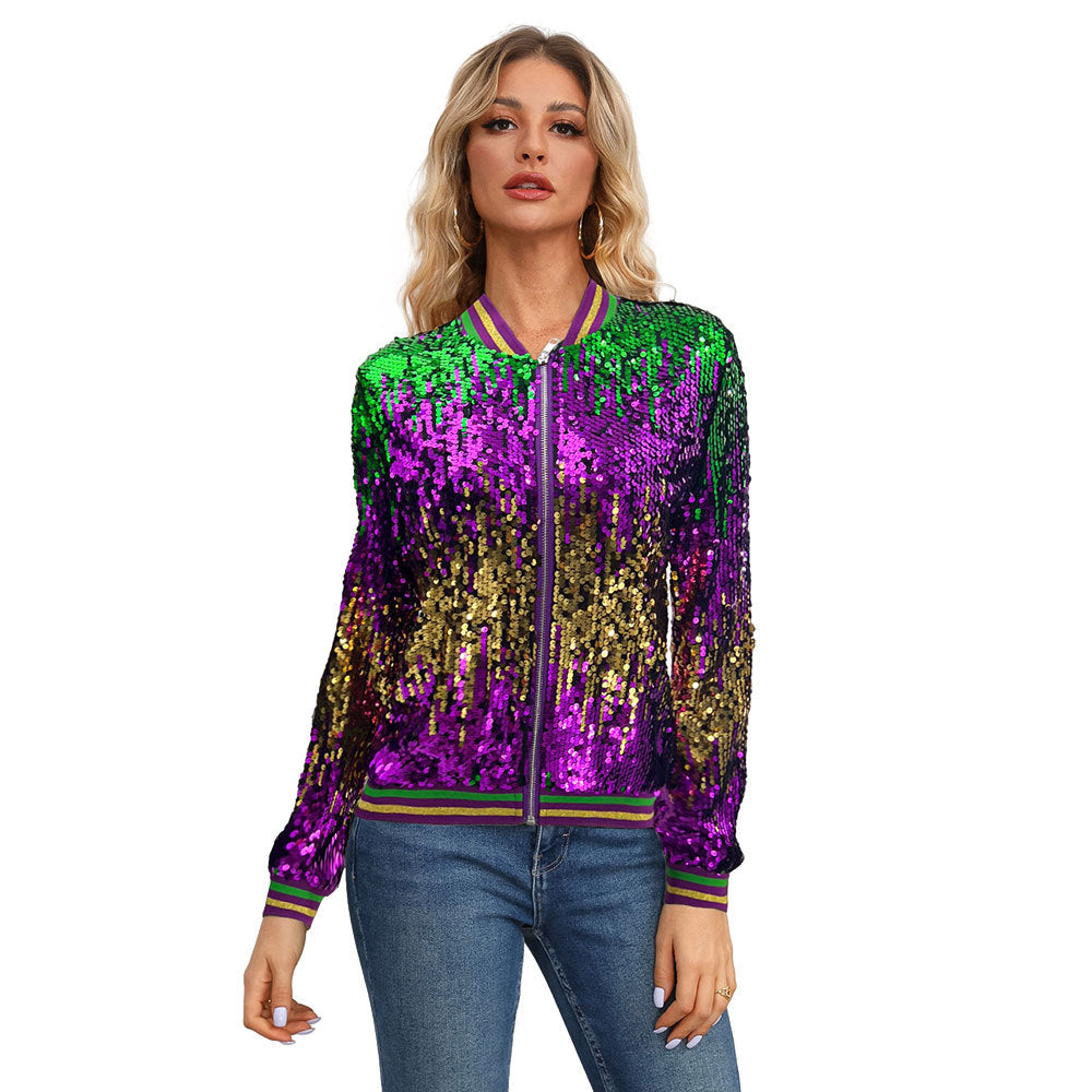 Long Sleeved Cardigan Stand Collar Sequined Spring Autumn Women Baseball Uniforms Coat