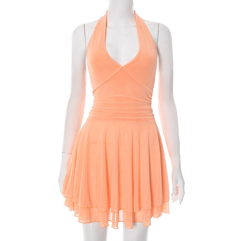 Women Clothing Summer Sexy Casual Halter Solid Color Mesh Dress Women