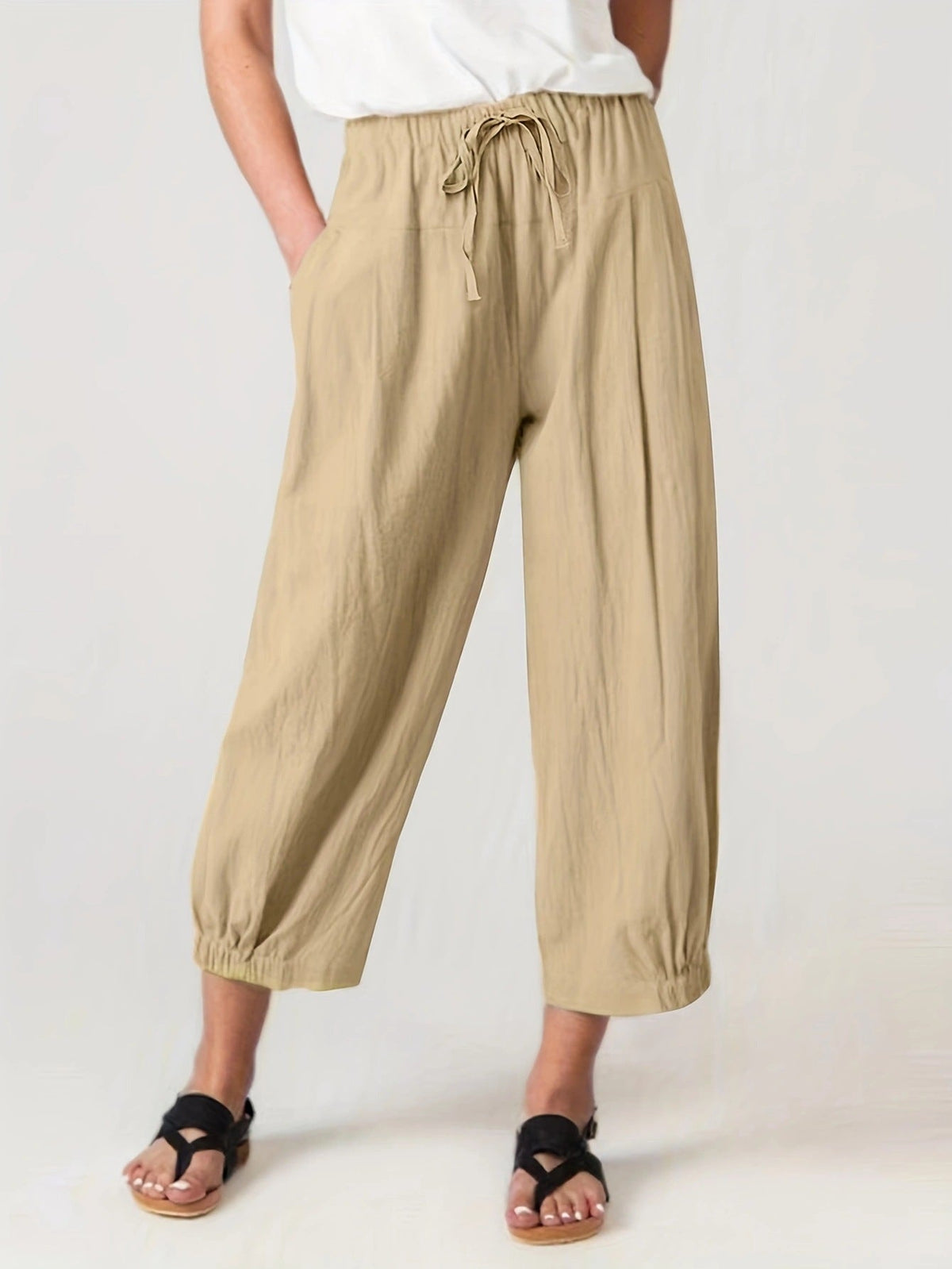 Summer Cropped Pants Pocket Casual Pants Women Loose Wide Leg Pants outside