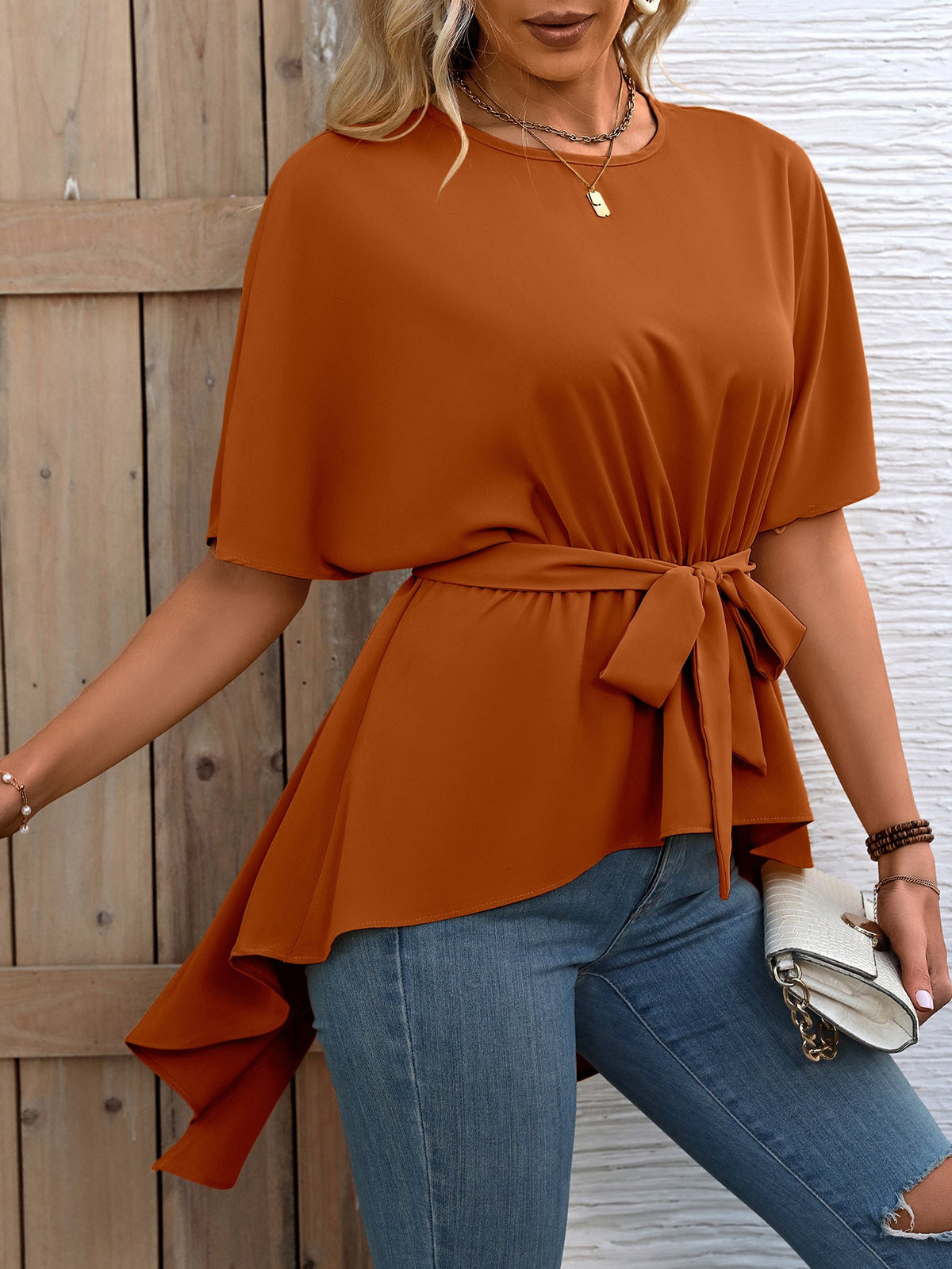 Women Clothing Elegant Elegant Short Sleeved Shirt Lace up Round Neck Pullover Shirt Top for Women