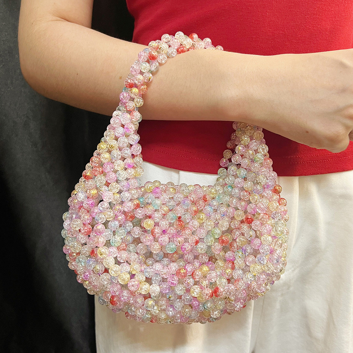 Fashionable Elegant High Grade Handmade Beaded Imitation Pearl Pillow Dumpling Woven Bag French Entry Lux Handbag