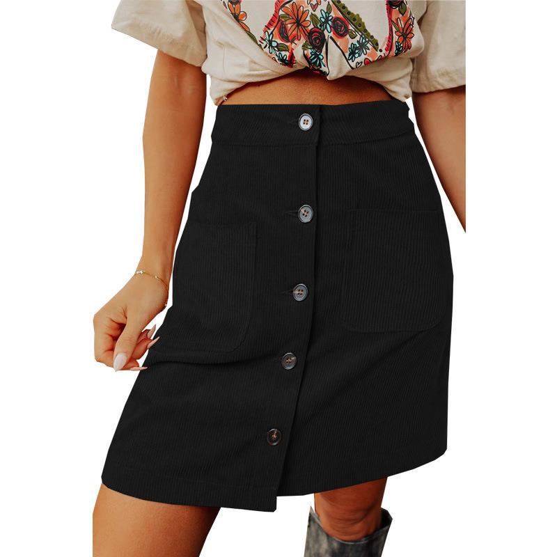 Women Autumn Winter Corduroy Skirt High Waist All Matching Skirt Breasted Design Skirt