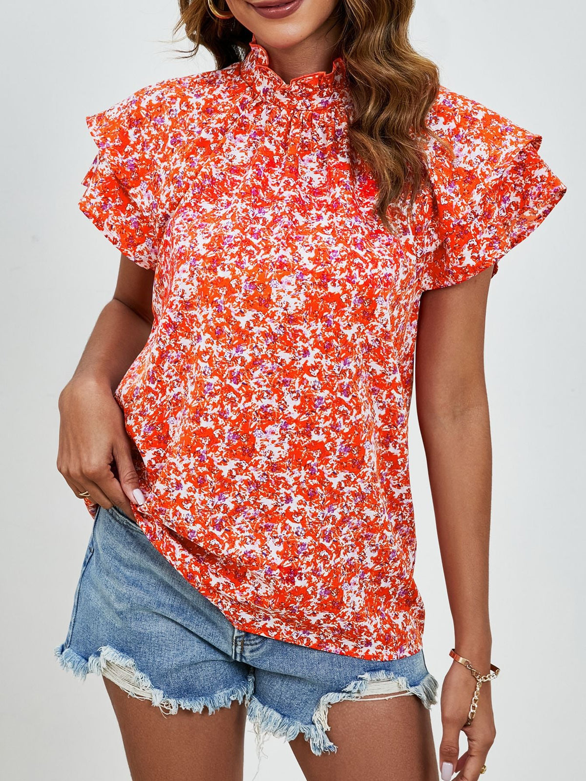 Women Top Half Turtleneck Double Layer Sleeve Casual Loose Printed Short Sleeved Top