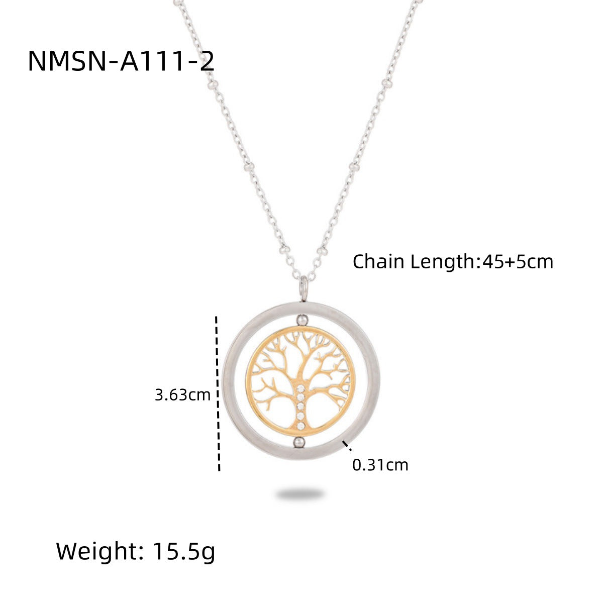 Nimai Design Diamond Rotating Tree of Life Stainless Steel Necklace Women 18K Gold Titanium Steel Embellished Women