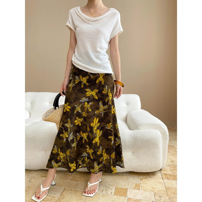 French Oil Painting Design Floral High Waist Slimming Fishtail Sheath A line Skirt