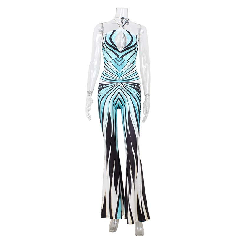 Women Clothing Catwalk Design Contrast Color Striped Hollow Out Cutout out Halter One Piece Trousers