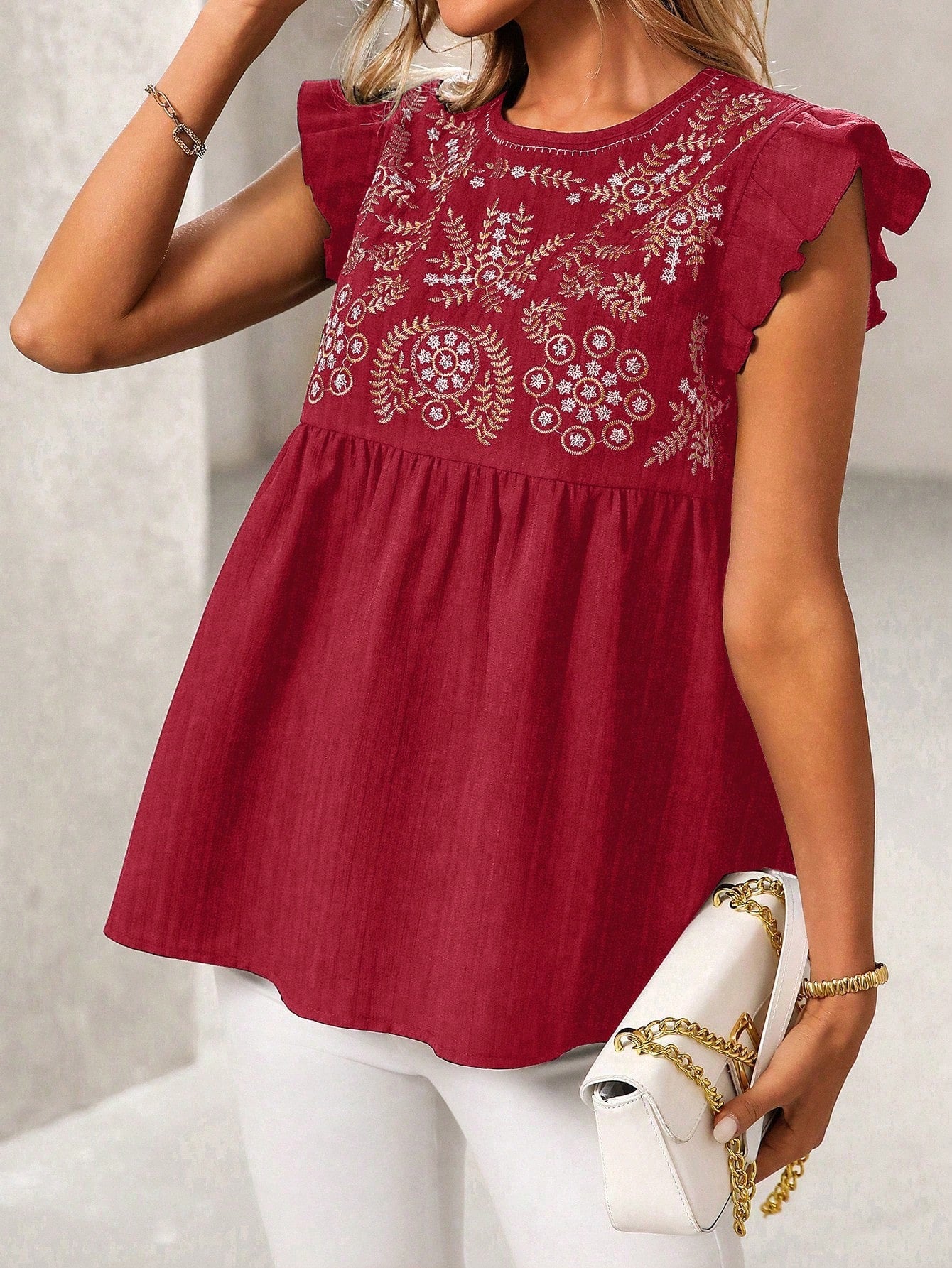 National Embroidered Shoulder Flying Sleeves Casual Short Shirt Women Top