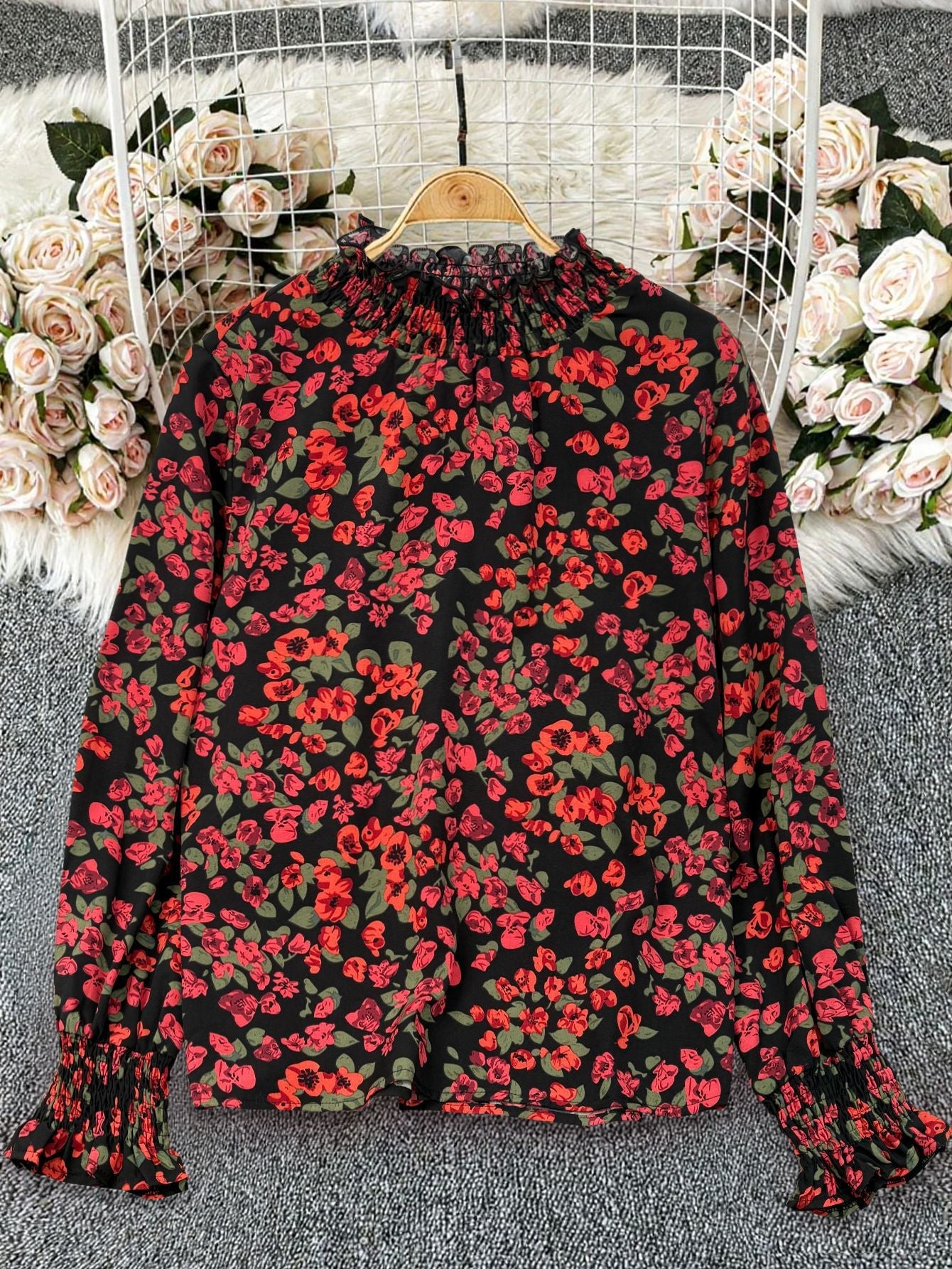 Long Sleeve Shirt Slimming Retro Wooden Ear Printed Shirt Graceful Fashionable Top