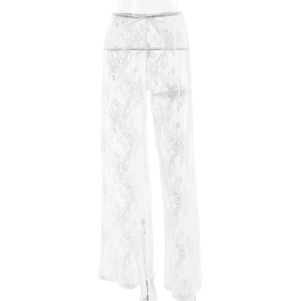 Women Clothing Summer Lace See through High Waist Trousers Sexy Sexy Casual Baggy Straight Trousers