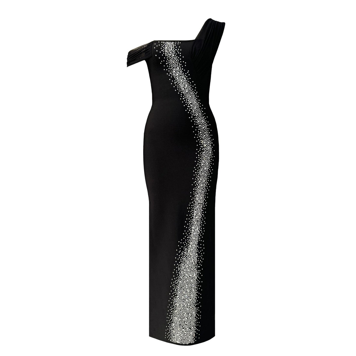 Sexy Single Shoulder Mesh Stitching Rhinestone Hip Bag Bandage Dress Party Dress