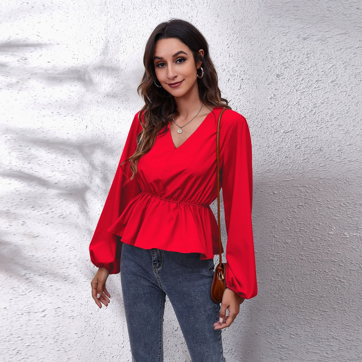 Popular Real Shot Lantern Sleeve Chiffon Shirt Solid Color Waist Tight V Neck Long Sleeve Women Top