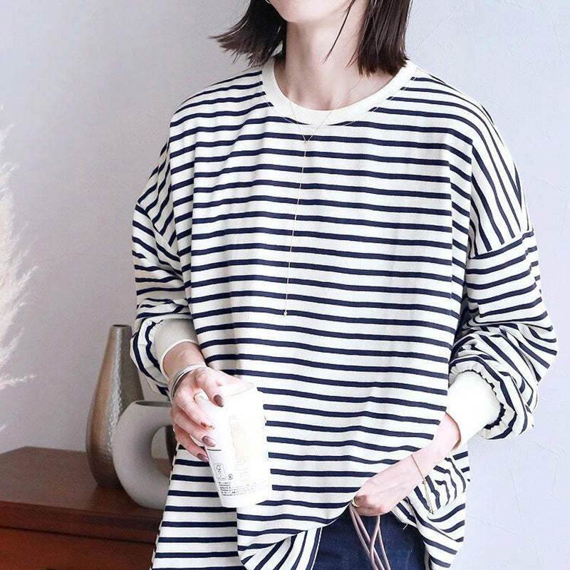 Japanese Autumn Winter Striped Sweatshirt Women Loose Cotton Large Version Bottoming Top Women