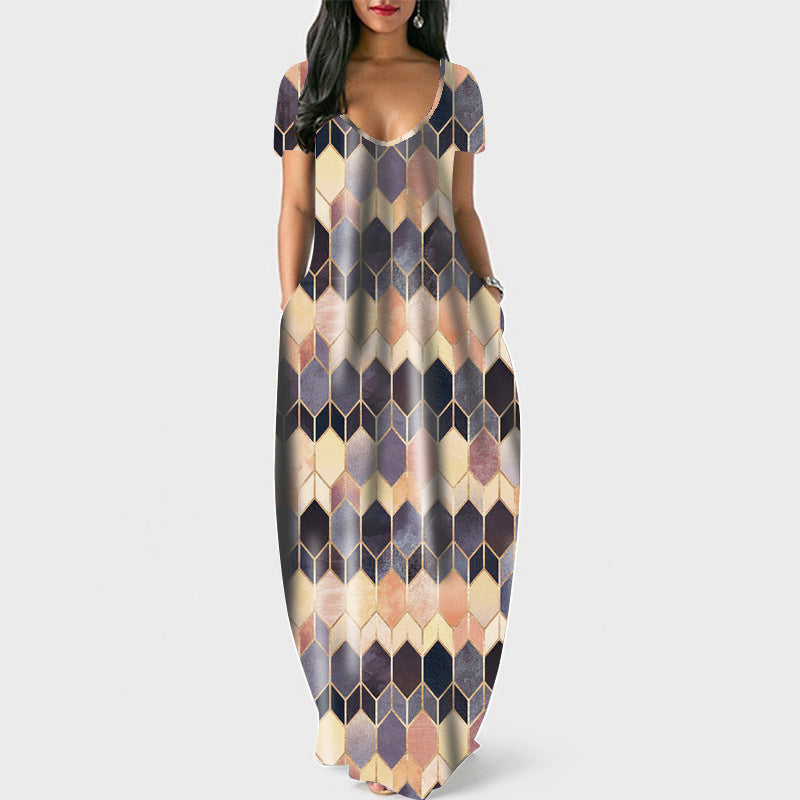 Women round Neck Pocket Short Sleeve Printed Dress