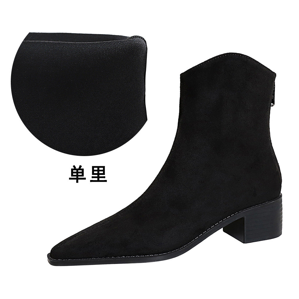 Fashionable Simple Winter All Matching Chunky Heel Mid Heel Pointed Toe Suede Short Boots Short Women Boots