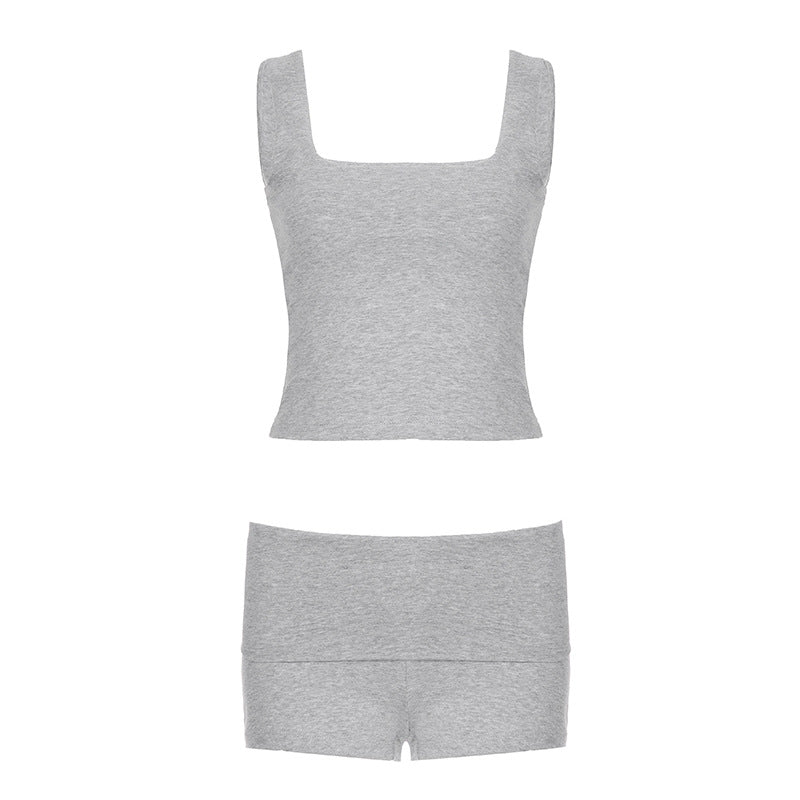 Street Simple Casual Sports Solid Color Vest Shorts Set Square Collar Vest Waist Shorts Two Piece Sets