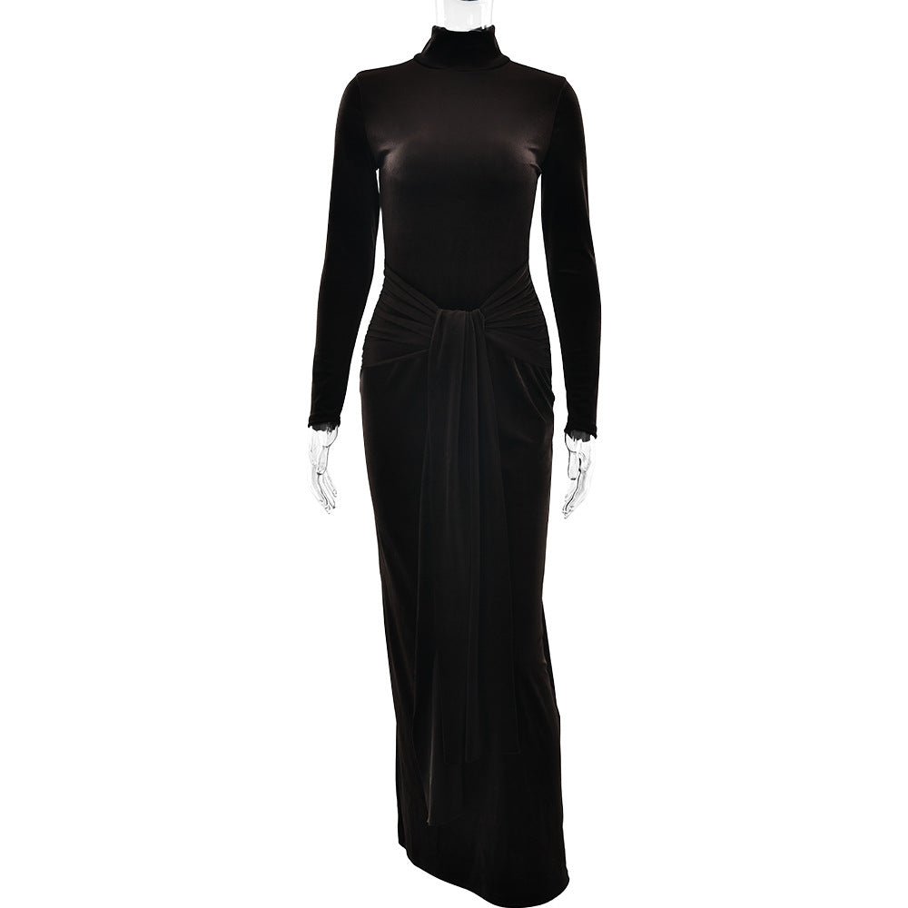 Autumn Winter Sexy Women Clothing Dress Half High Collar Long Sleeves Solid Color Maxi Dress Lace up Pleated Dress