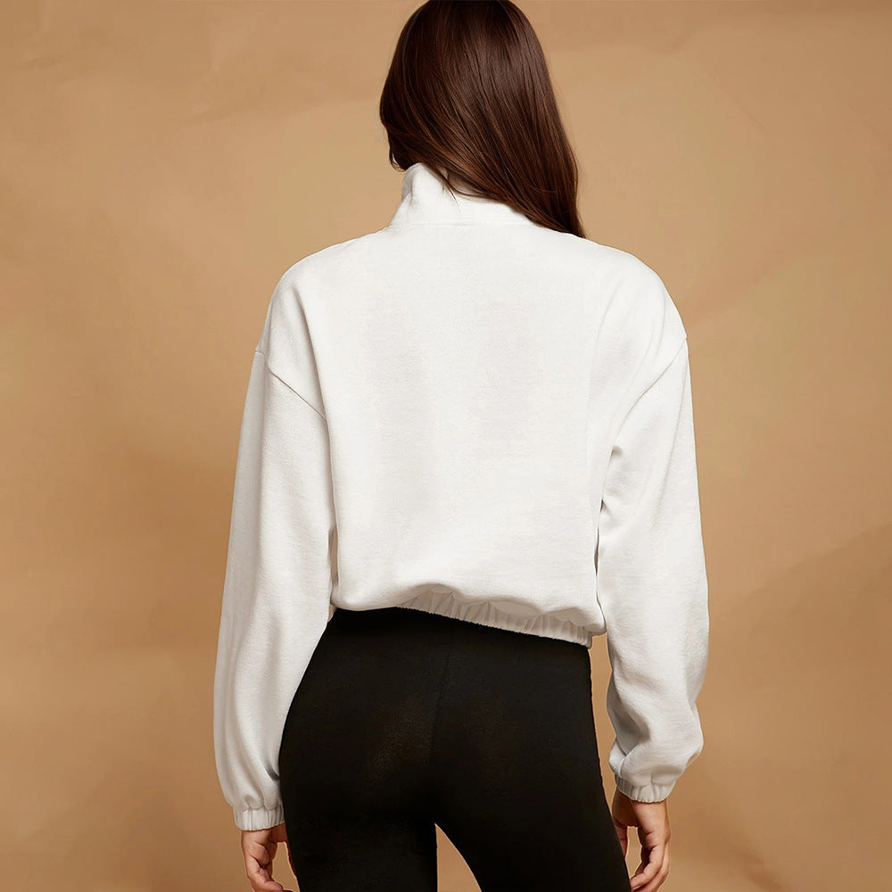 White Pullover Sweater Women Heavy Weight Cotton Fabric Idle Half Zipper Design Mid Length Inner Wear