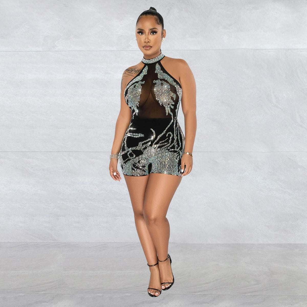 Summer Women Clothing Sexy Tight Mesh See through Rhinestone Jumpsuit for Women