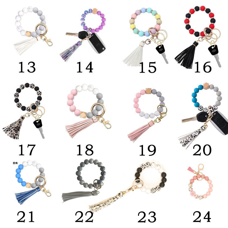 PU Tassel Keychain Bag charm Silicone Beaded Keychain Wristlet Key Ring Bracelet Cute Car Key Chain Holder for Women Girls